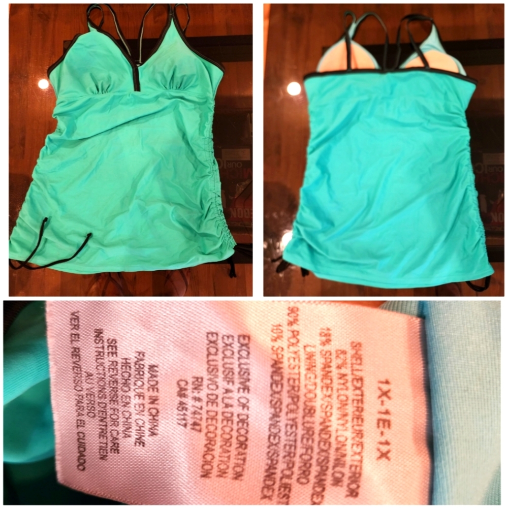 Blue/Green, Racerback, Ruched-Side, Swim Top, Plus Size 1X